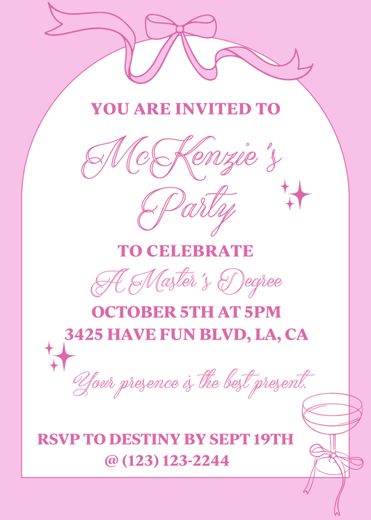 Pink Champagne Bows & Arches Invitation and Menu - Digital Printable