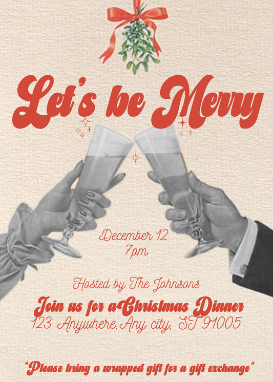 Lets Be Merry Vintage Dinner Party (WM Version) - Digital Download Invite, Menu, & Place Cards