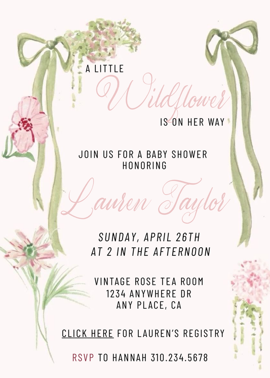 Wildflower Ribbon Green and Pink Collection Template - Welcome Sign, Invitation, Menu, Place cards, & Bookmarks