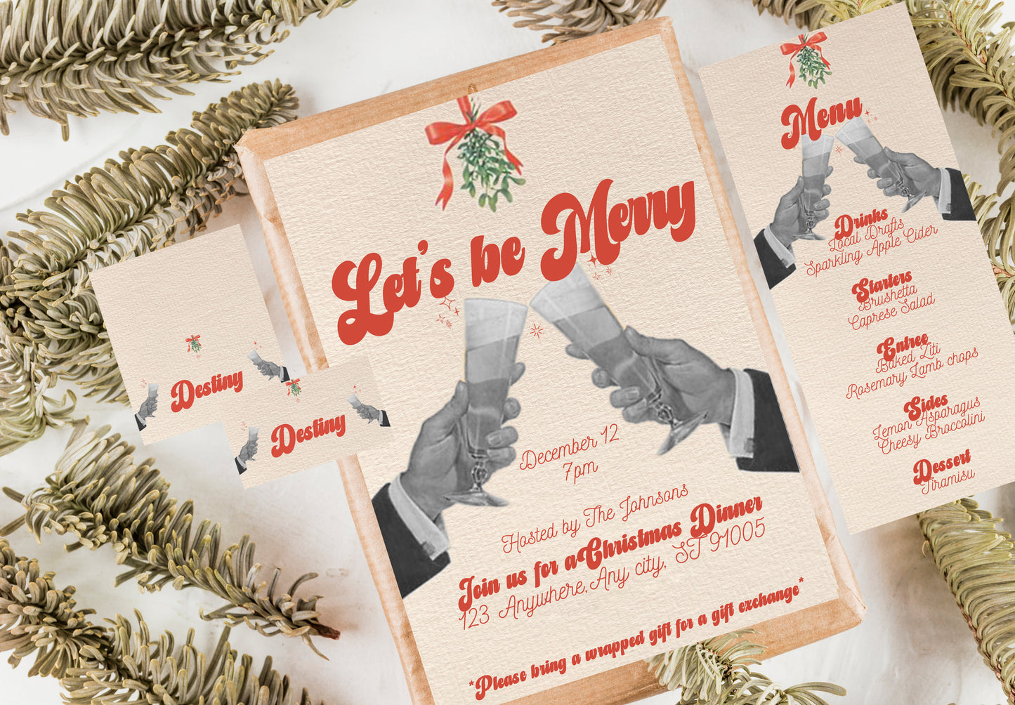 Lets Be Merry Vintage Dinner Party (MM Version) - Digital Download Invite, Menu, & Place Cards