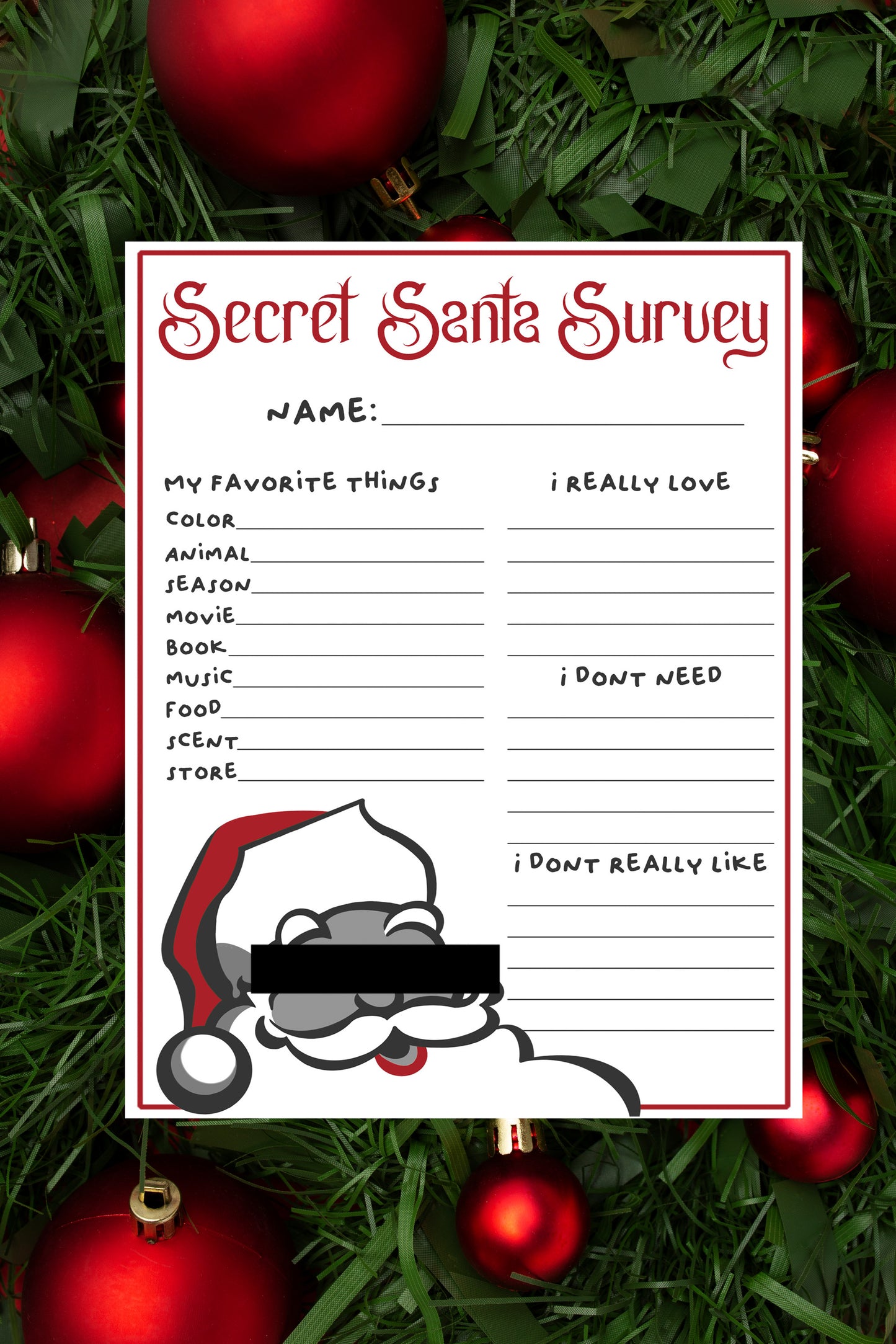 Secret Santa Questionnaire - Digital Download Questionnaire (ONLY)