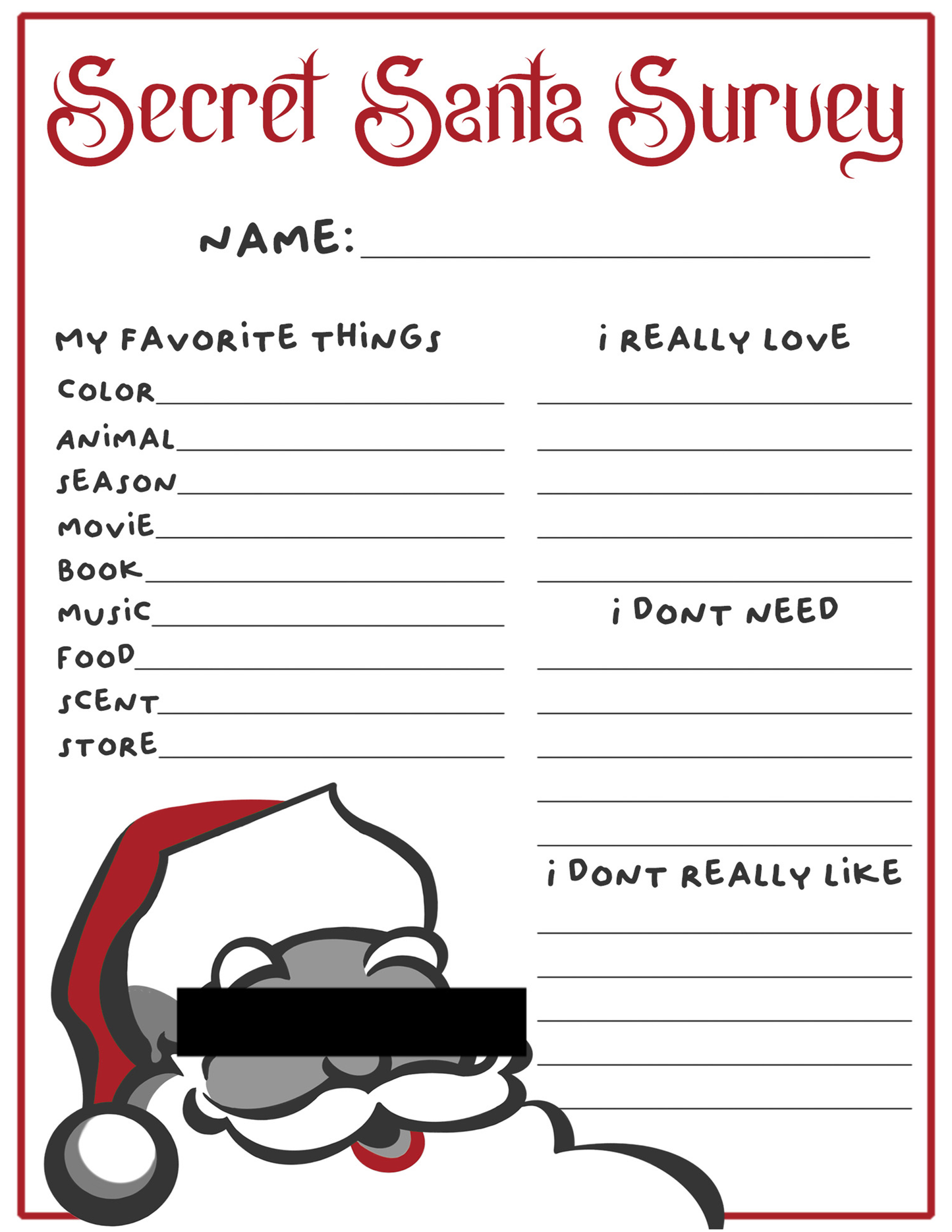 Secret Santa Invitation, Questionnaire, & Reveal Cards - Digital Download
