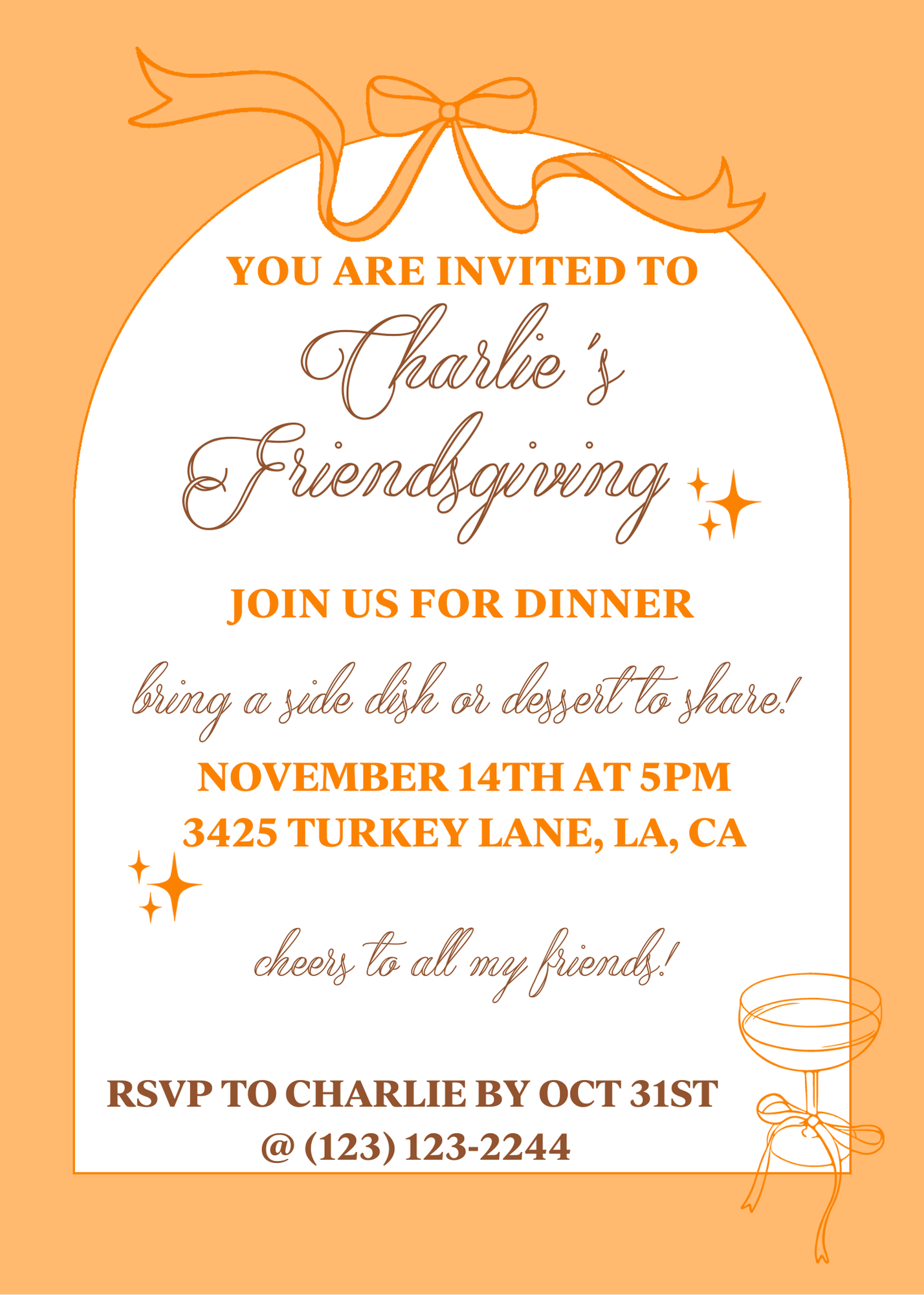 Orange Champagne Bows & Arches Invitation and Menu - Digital Download