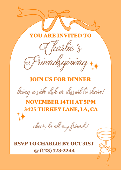 Orange Champagne Bows & Arches Invitation and Menu - Digital Download