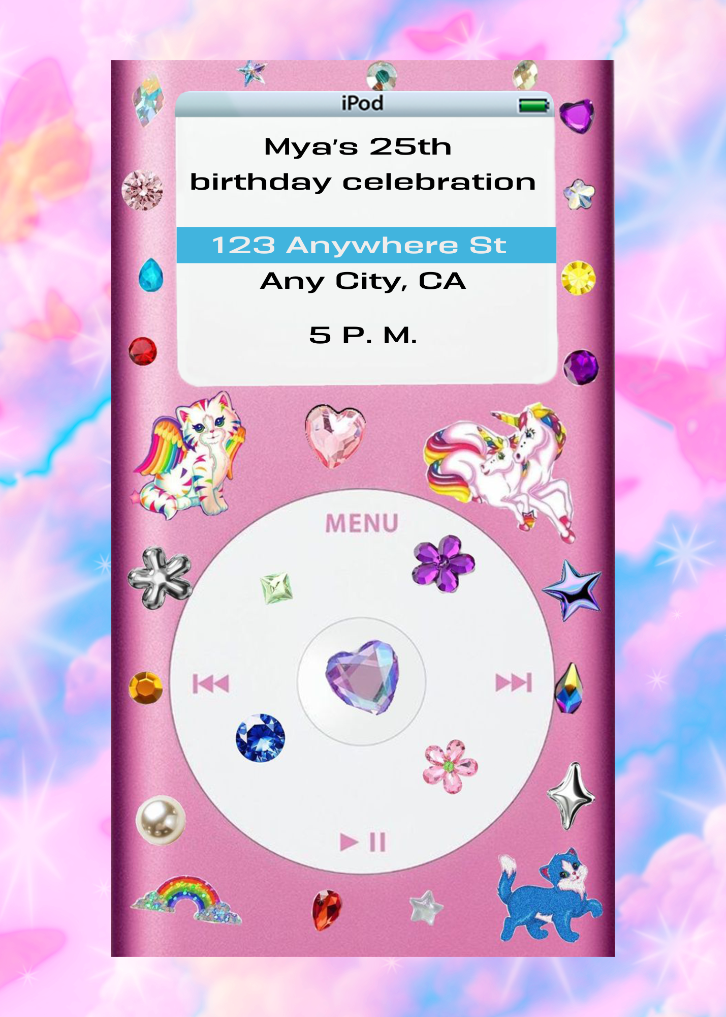 Y2k Pink Butterfly iPod Invitation - Print & Phone Template