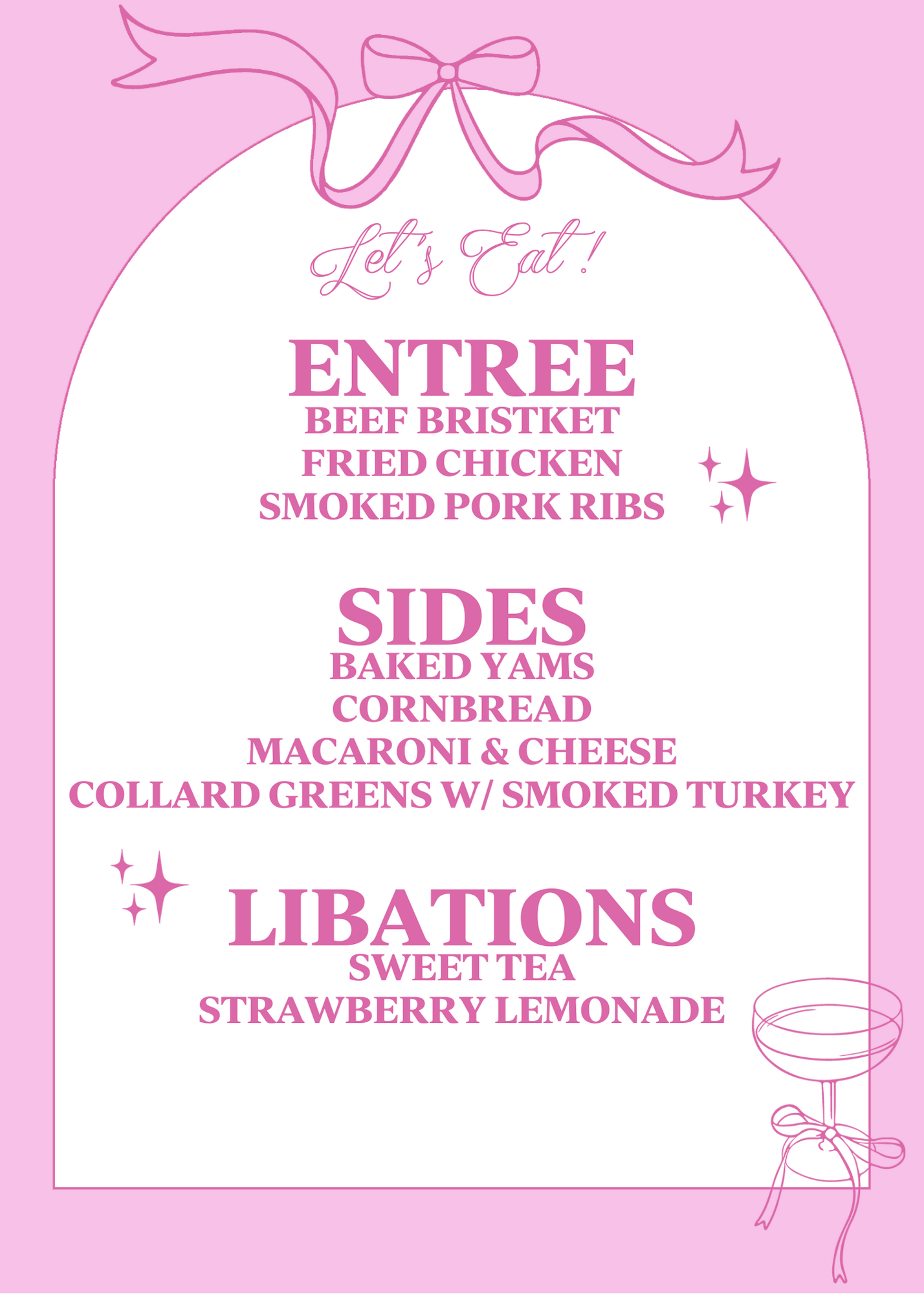 Pink Champagne Bows & Arches Invitation and Menu - Digital Download