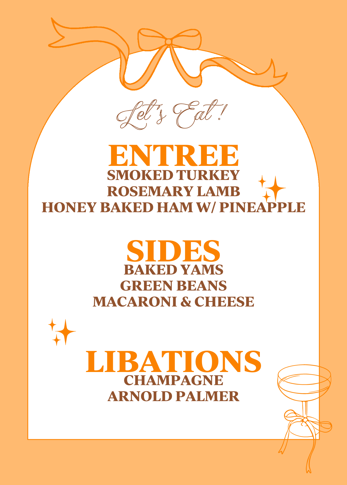 Orange Champagne Bows & Arches Invitation and Menu - Digital Download