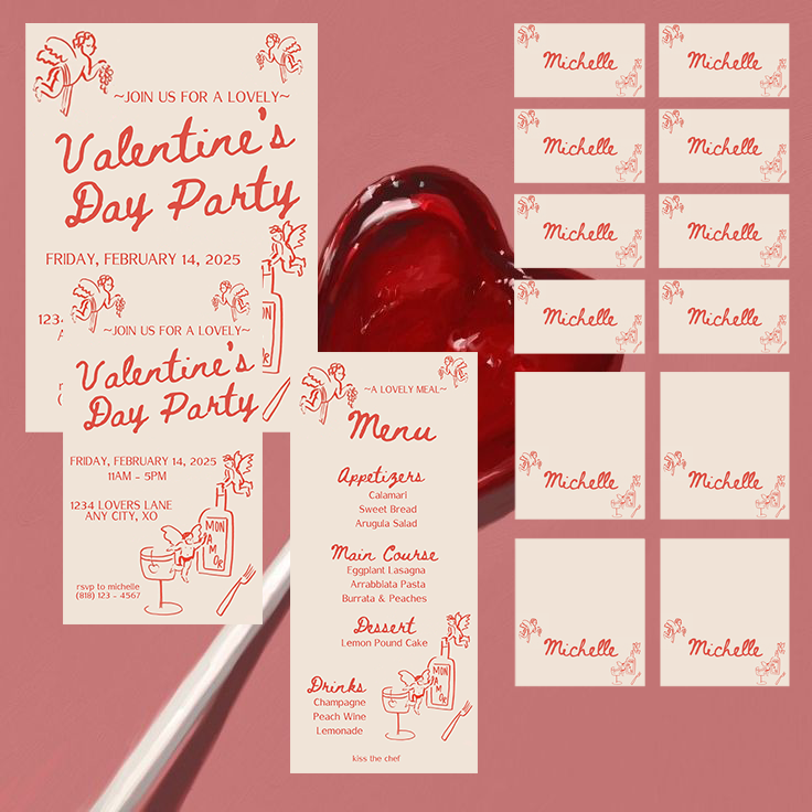 Hand Drawn Cupid Valentine's Day Party - Digital Download Invite, Menu, & Place Cards