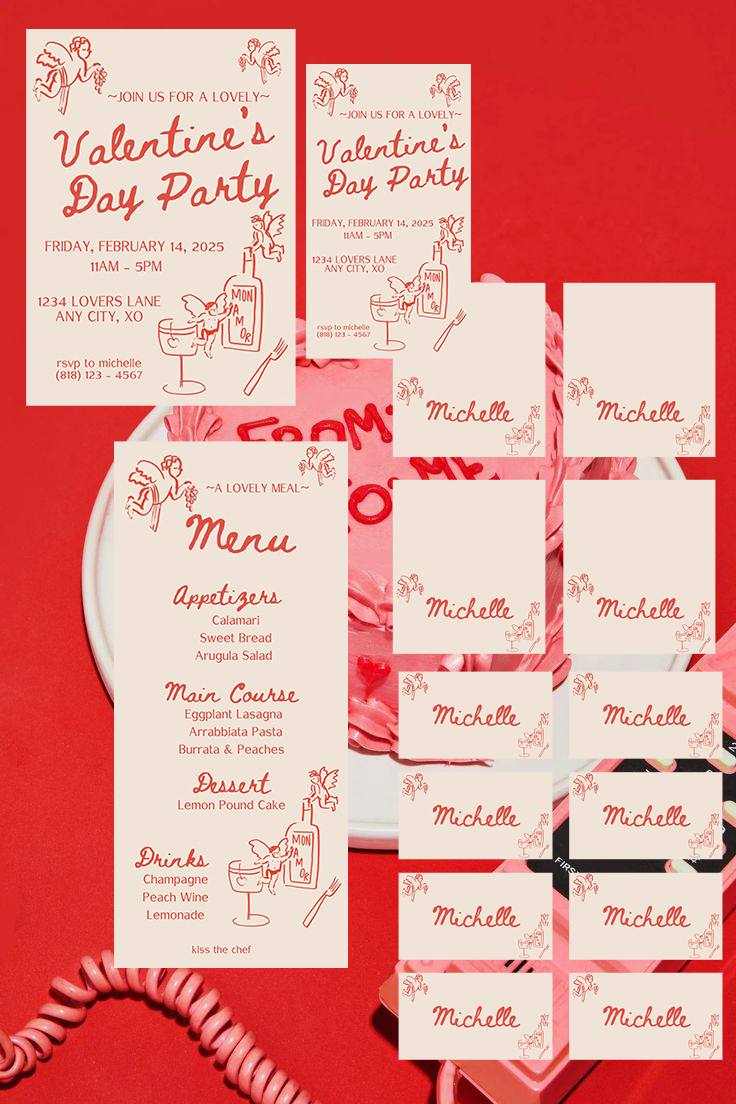 Hand Drawn Cupid Valentine's Day Party - Digital Download Invite, Menu, & Place Cards