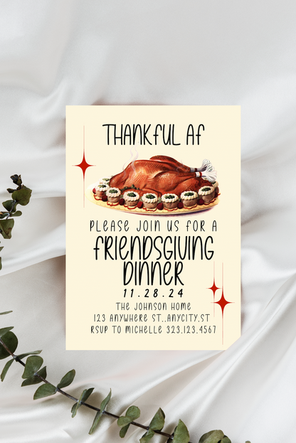 Thankful AF Vintage Thanksgiving/Friendsgiving Invitation & Menu