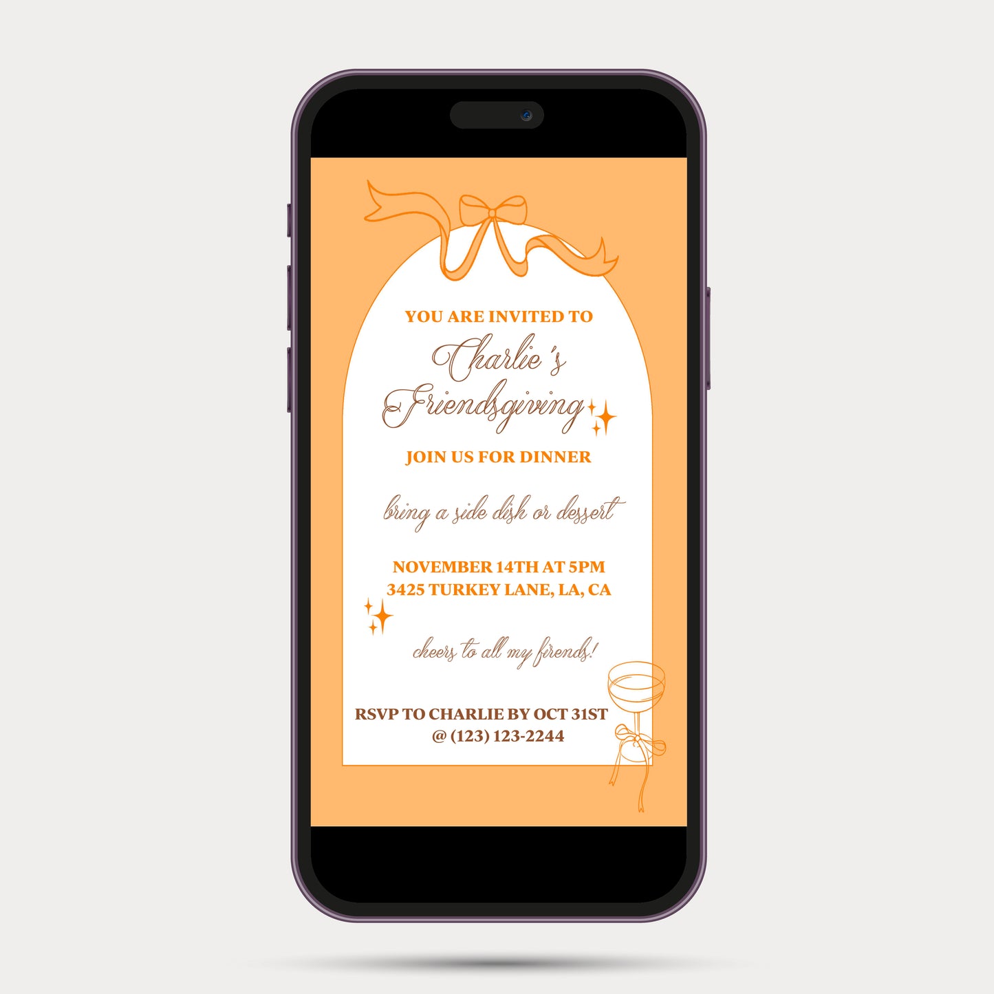 Orange Champagne Bows & Arches Invitation and Menu - Digital Download