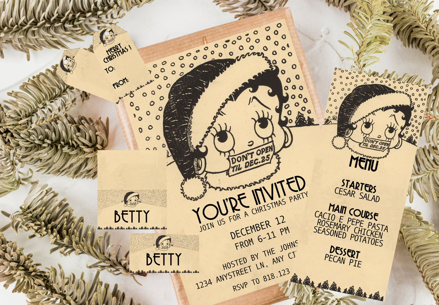 Vintage Betty Boop Christmas - Digital Download Invite, Menu, Place Cards & Gift Tags