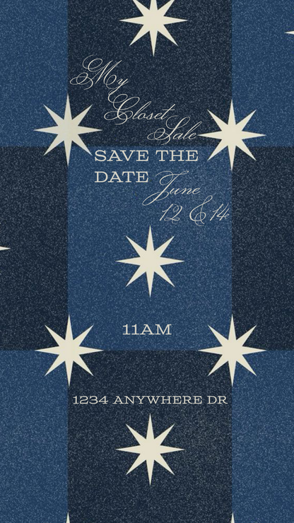 Blue Squares & White Stars Template - Invitation, Menu, and Place cards