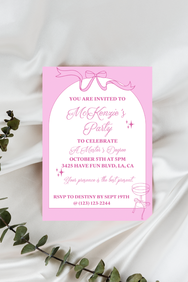 Pink Champagne Bows & Arches Invitation and Menu - Digital Download