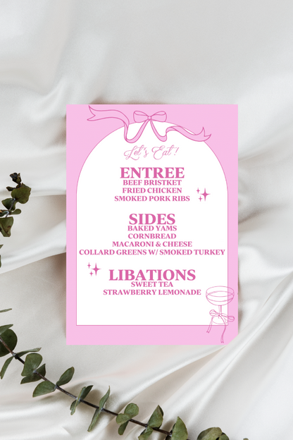 Pink Champagne Bows & Arches Invitation and Menu - Digital Download