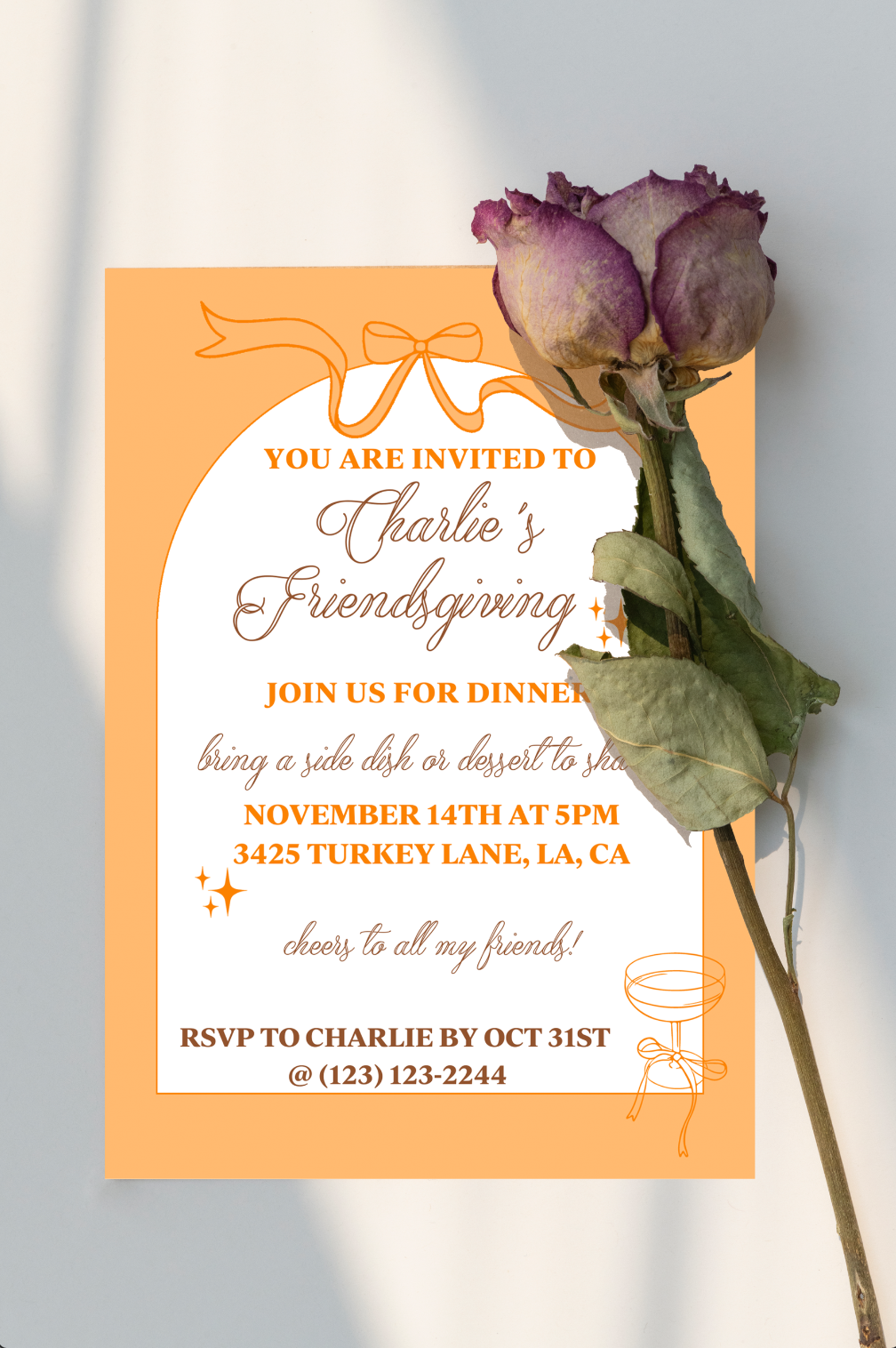 Orange Champagne Bows & Arches Invitation and Menu - Digital Download