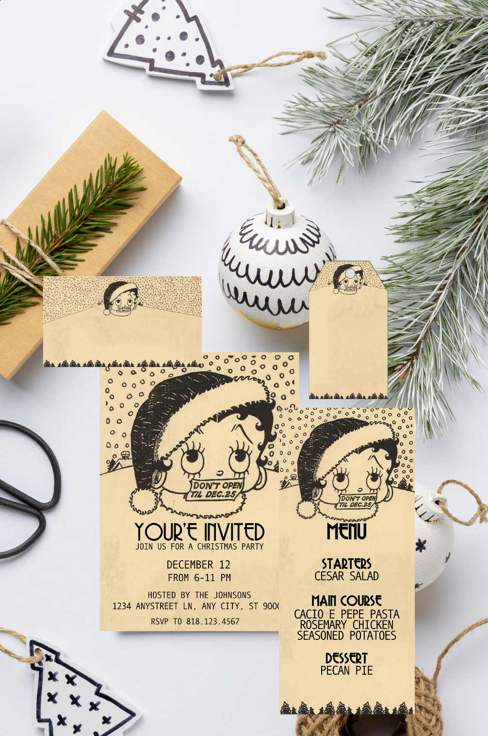 Vintage Betty Boop Christmas - Digital Download Invite, Menu, Place Cards & Gift Tags