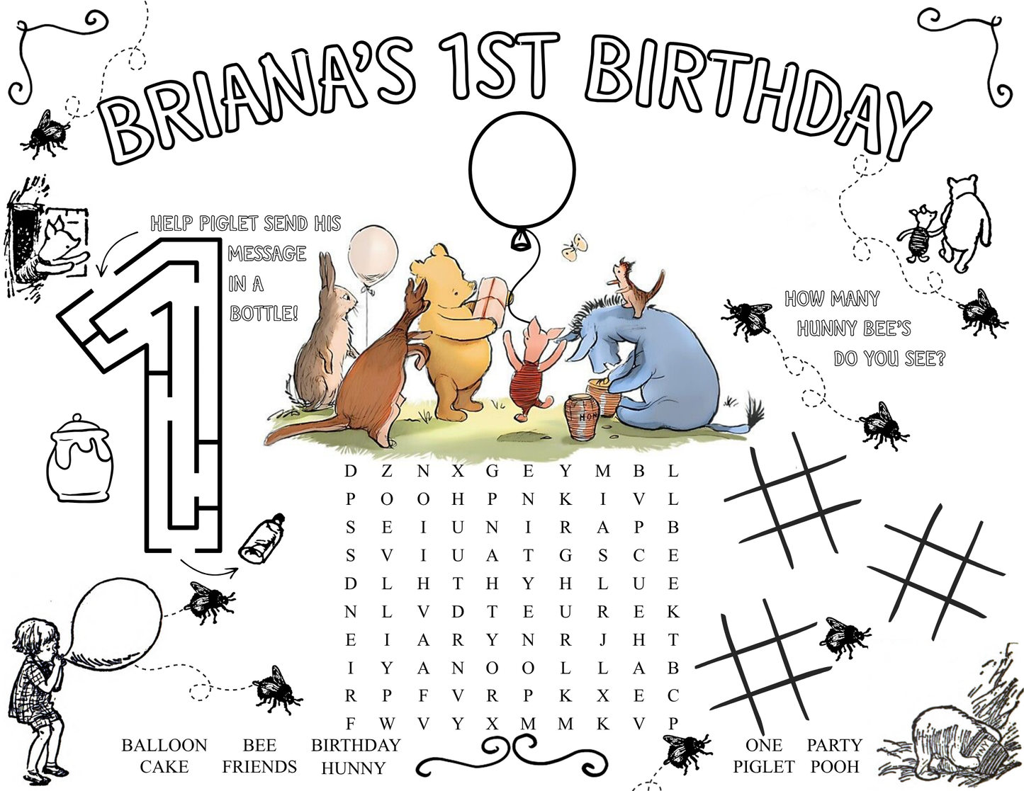 Winnie the Pooh Book Collection Templates - Welcome Sign, Invitation, Menu, Place cards, Bookmark, and Activity Sheet